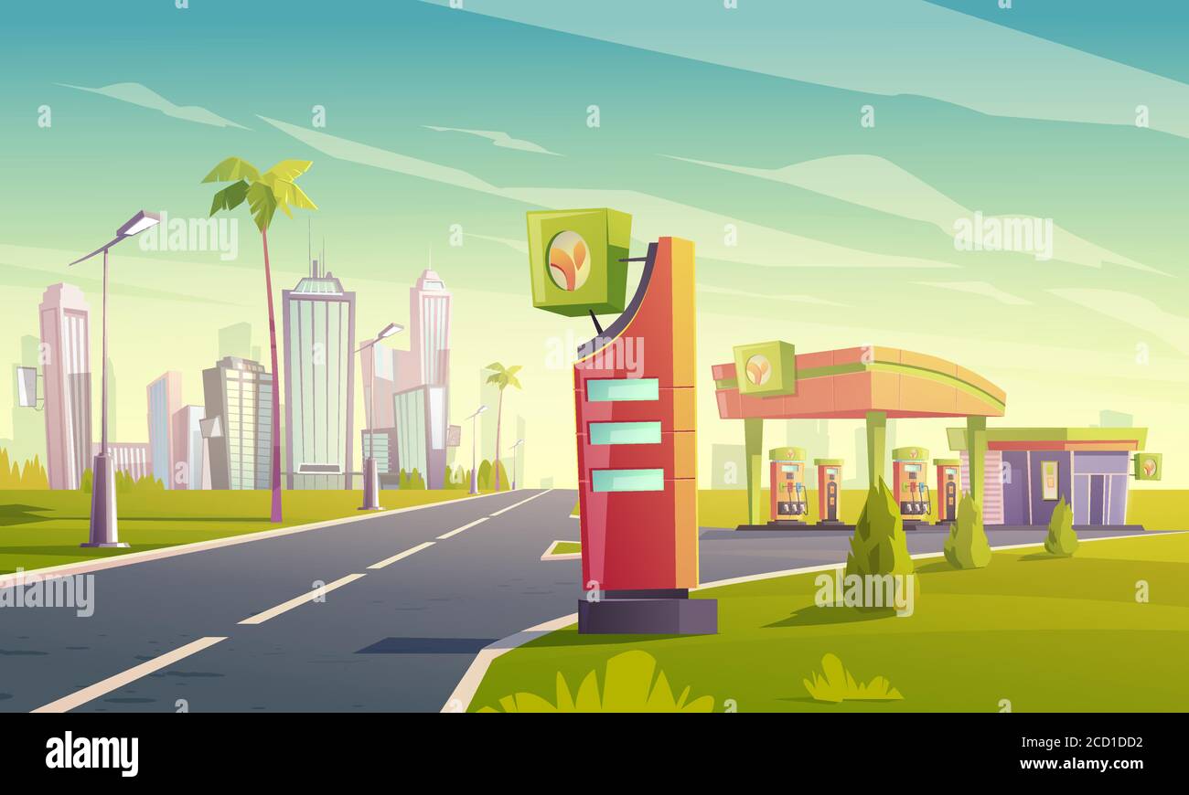Gas and charger station with oil pump, cable with plug for electric car, market and prices display on road to tropical town. Vector cartoon cityscape with empty fuel filling station for hybrid vehicle Stock Vector