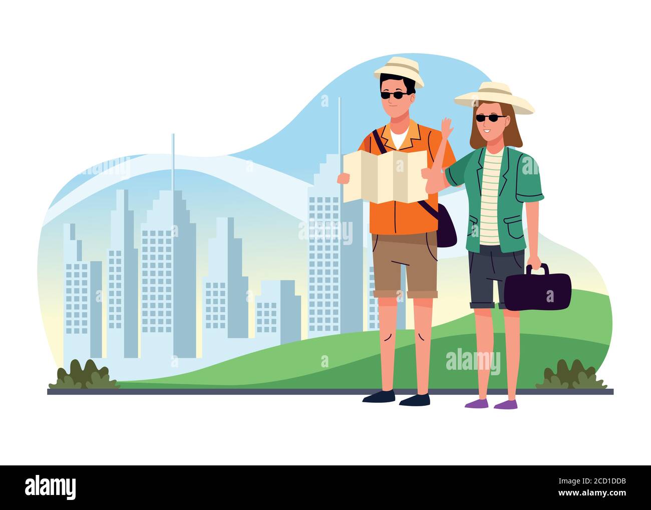 tourists couple standing with papermap on the city characters vector illustration design Stock Vector