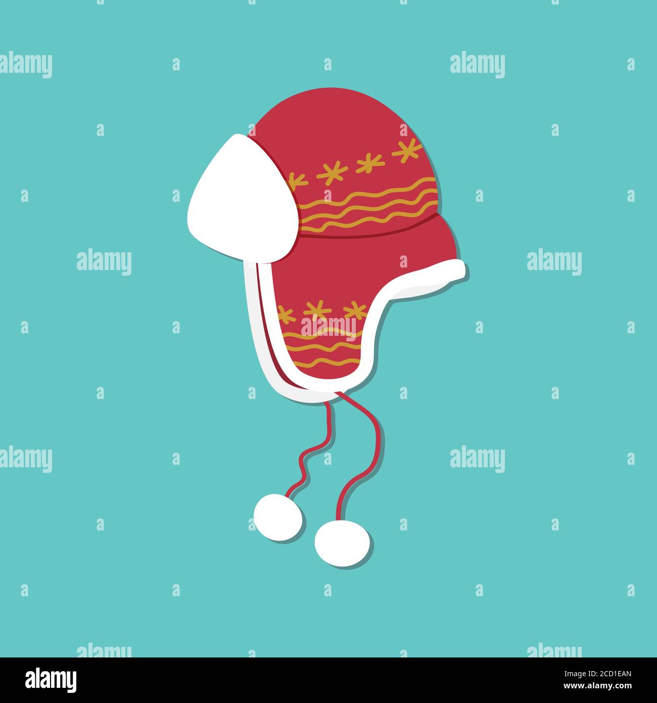 red ushanka hat with hand-drawn yellow ornament white bells on red strings on a blue background Stock Vector
