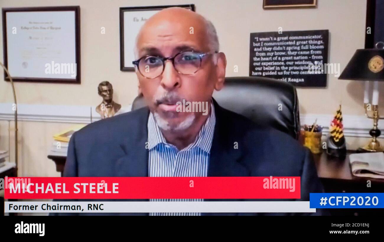 August 24, 2020, Charlotte, North Carolina, USA - MICHAEL STEELE, Former Chairman of the RNC and new member of the Lincoln Project, in a screen grab of the Convention on Founding Principles, a virtual gathering of principled conservatives, moderate Republicans and independents convened to be counter-programming to the Trumpism on display at the Republican National Convention across town.(Credit Image: © Courtesy Cfp2020/ZUMA Wire) Stock Photo