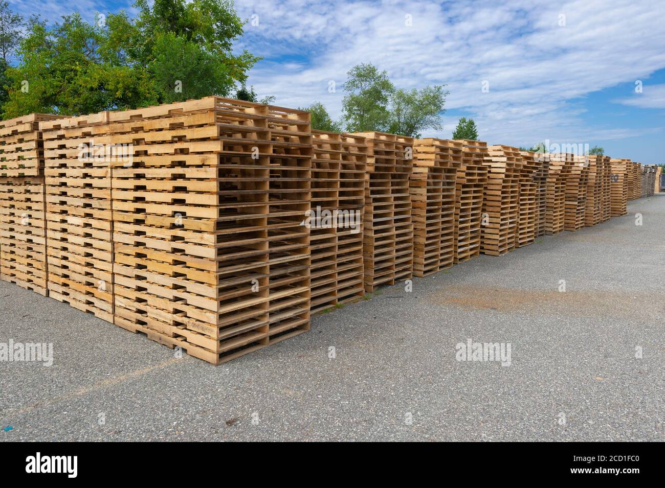 Stacks of new clean pallets, Pennsylvania USA Stock Photo