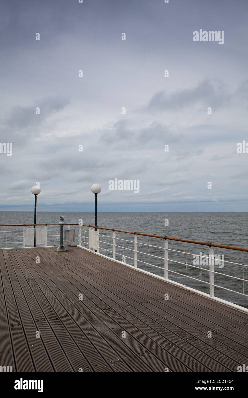 Heringsdorf Pier is a pier located in Heringsdorf, with a length of 508 metres; stretching out into the Baltic Sea, on the island of Usedom, Germany Stock Photo
