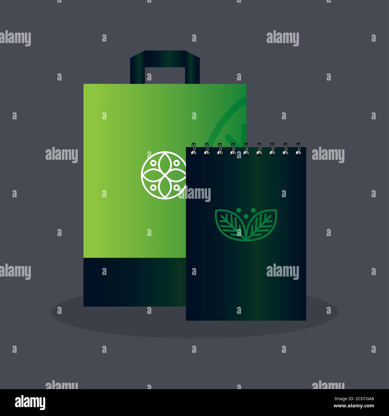 mockup notebook and bag paper color green with sign leaves, green ...