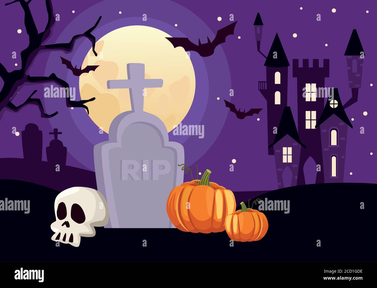happy halloween card with skull and pumpkin in cemetery scene vector ...