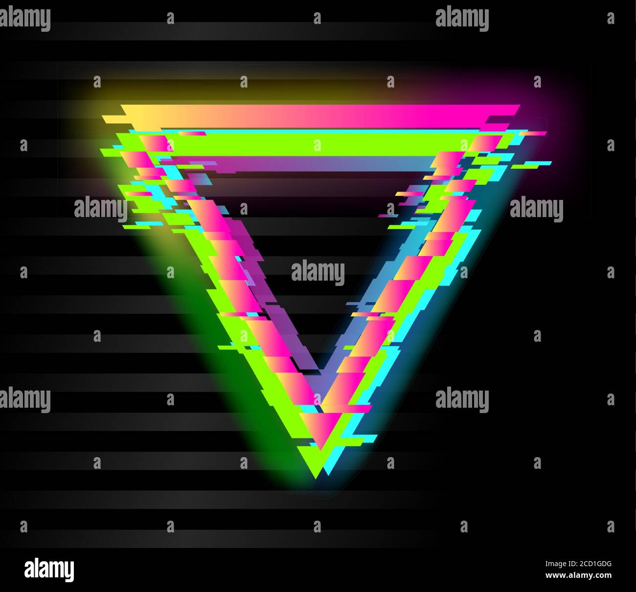 Colorful glitch triangle geometric shape, frame with neon glitch effect Stock Vector