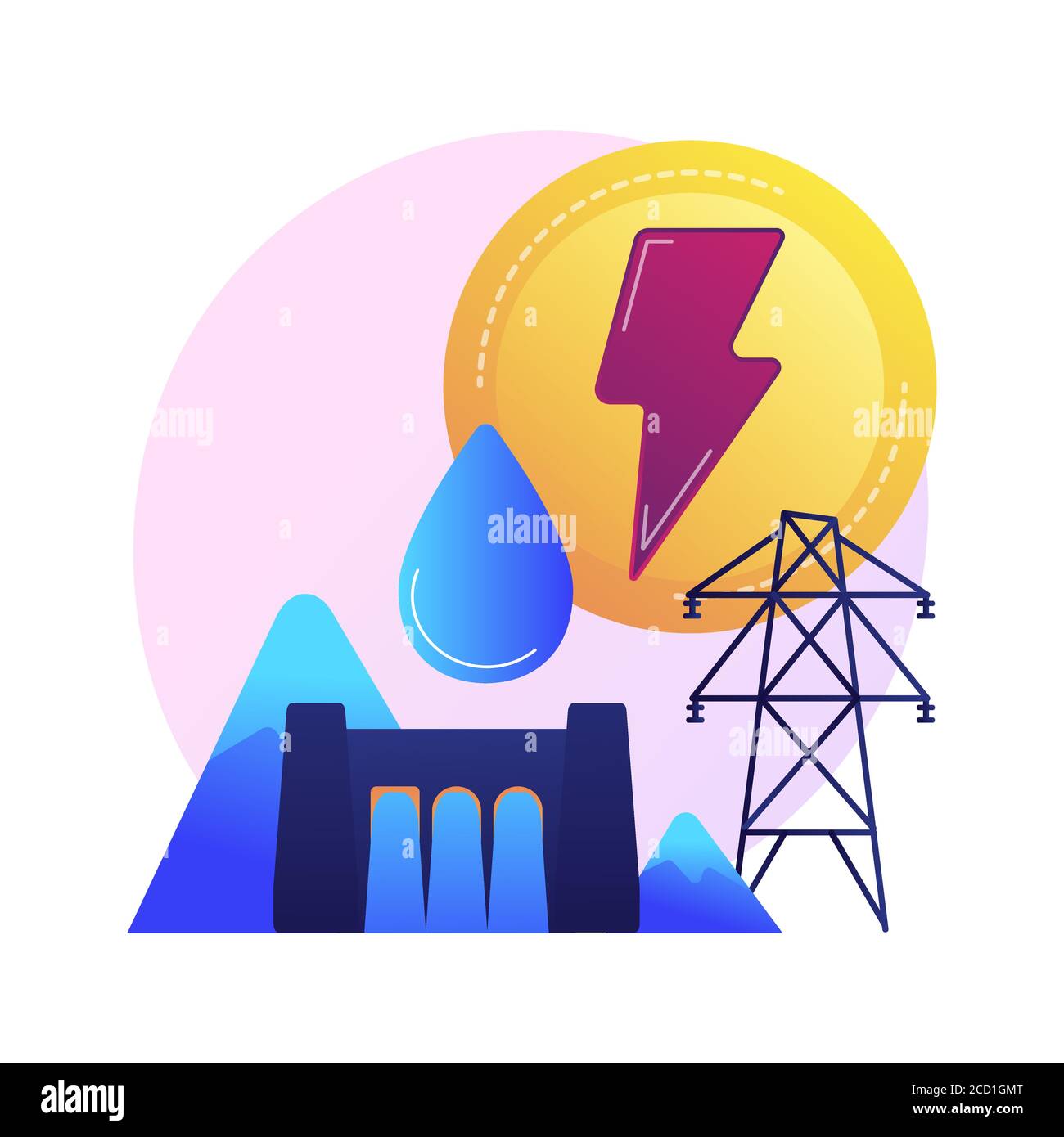 Hydroelectric power station, water mass energy using, dam and reservoir vector concept metaphor. Stock Vector
