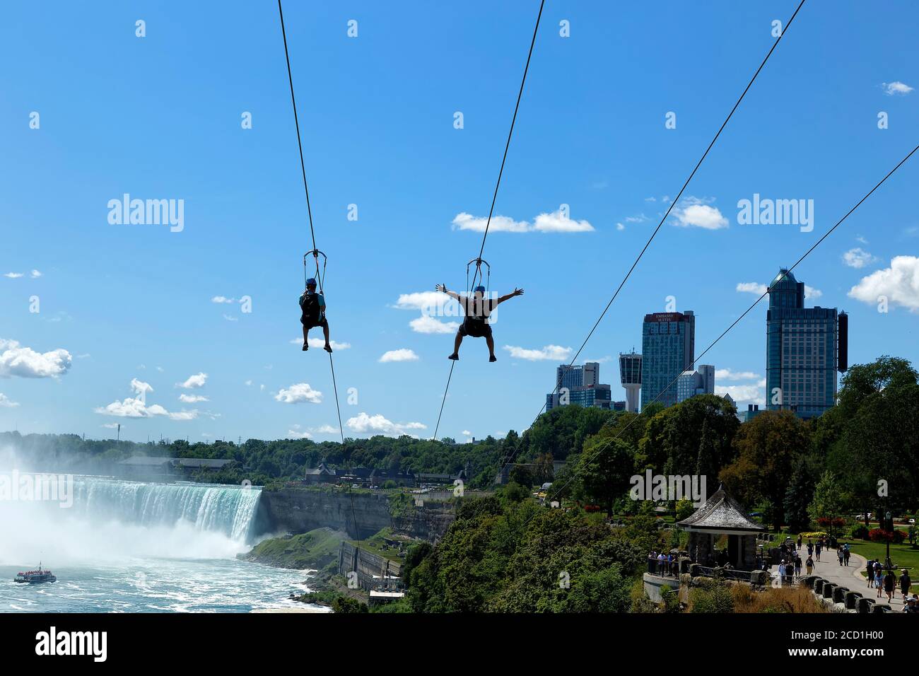 Zip lining Niagara Falls Ontario Canada. Stock Photo
