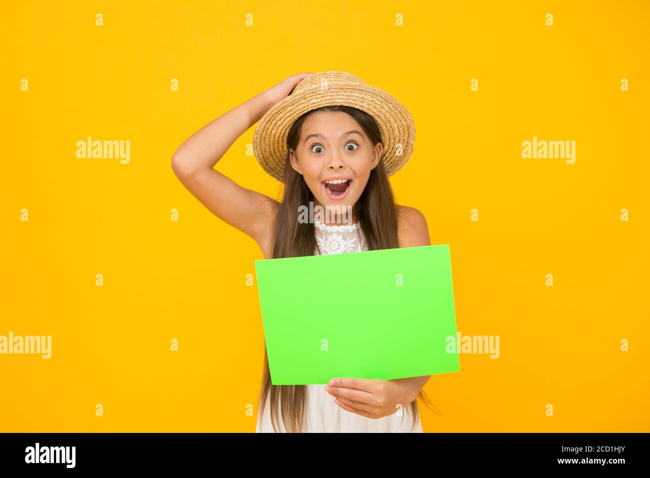 Need your attention. Join event. Summer sales. Happy girl hold poster