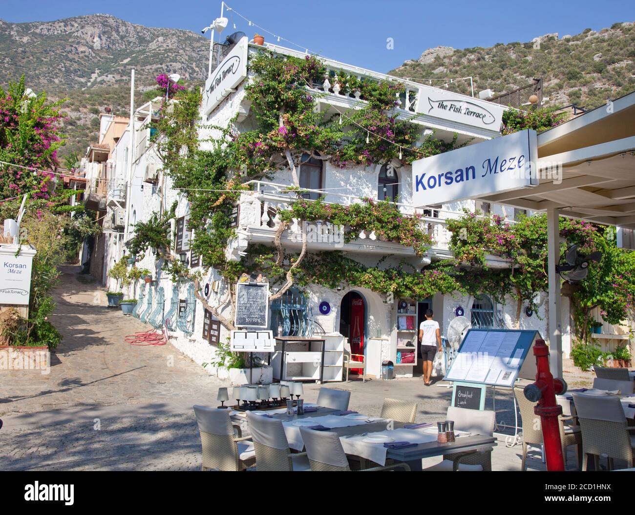 The Fish Terrace and the Korzan Meze resaurants in Kalkan, Turkey.  Kalkan is a popular holiday destination and is located on the Turkish Mediterranea Stock Photo
