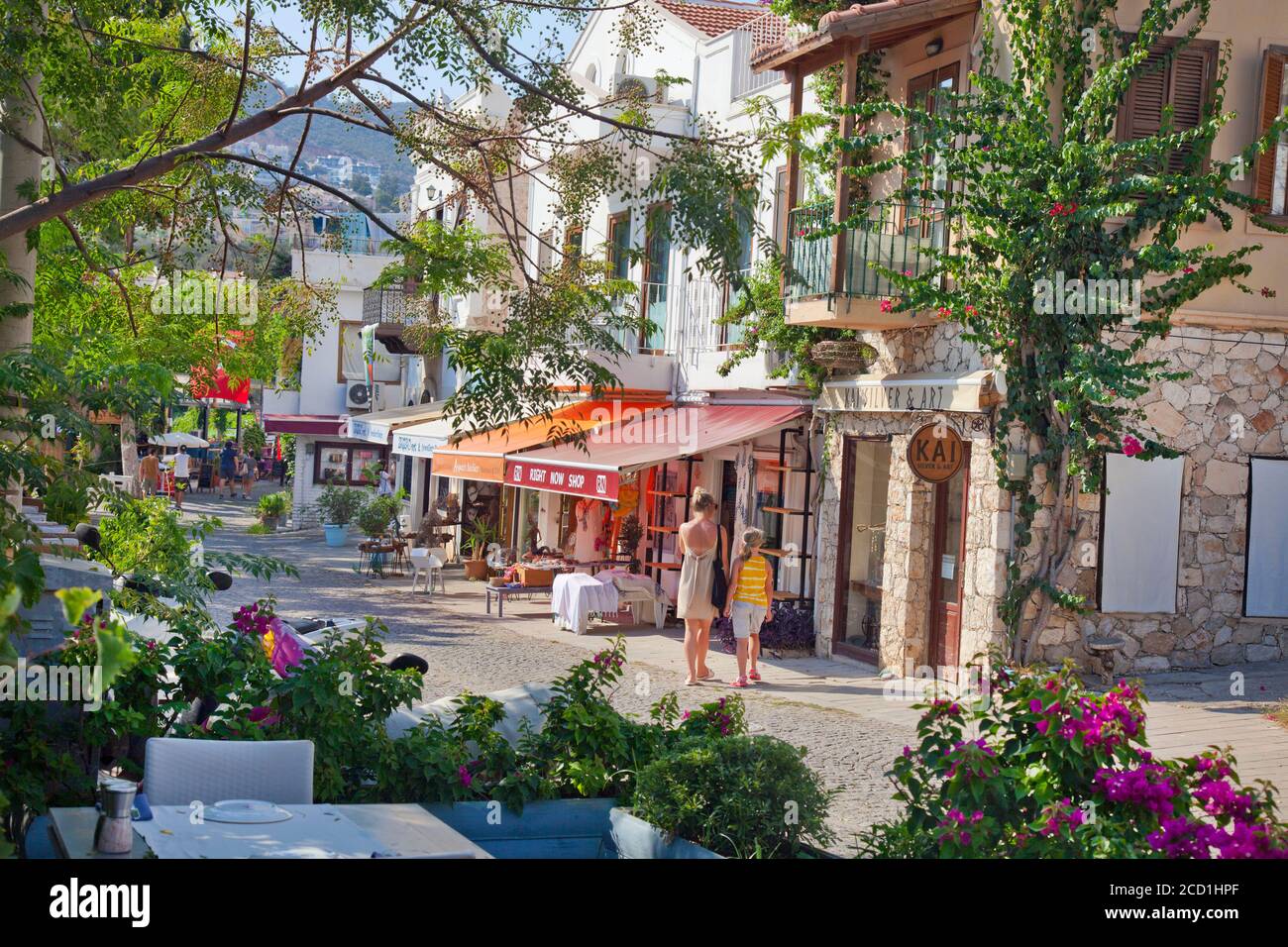 Tourist shops and restaurants line the streets of Kaka, Turkey.  Kalkan is a popular holiday destination and is located on the Turkish Mediterranean c Stock Photo