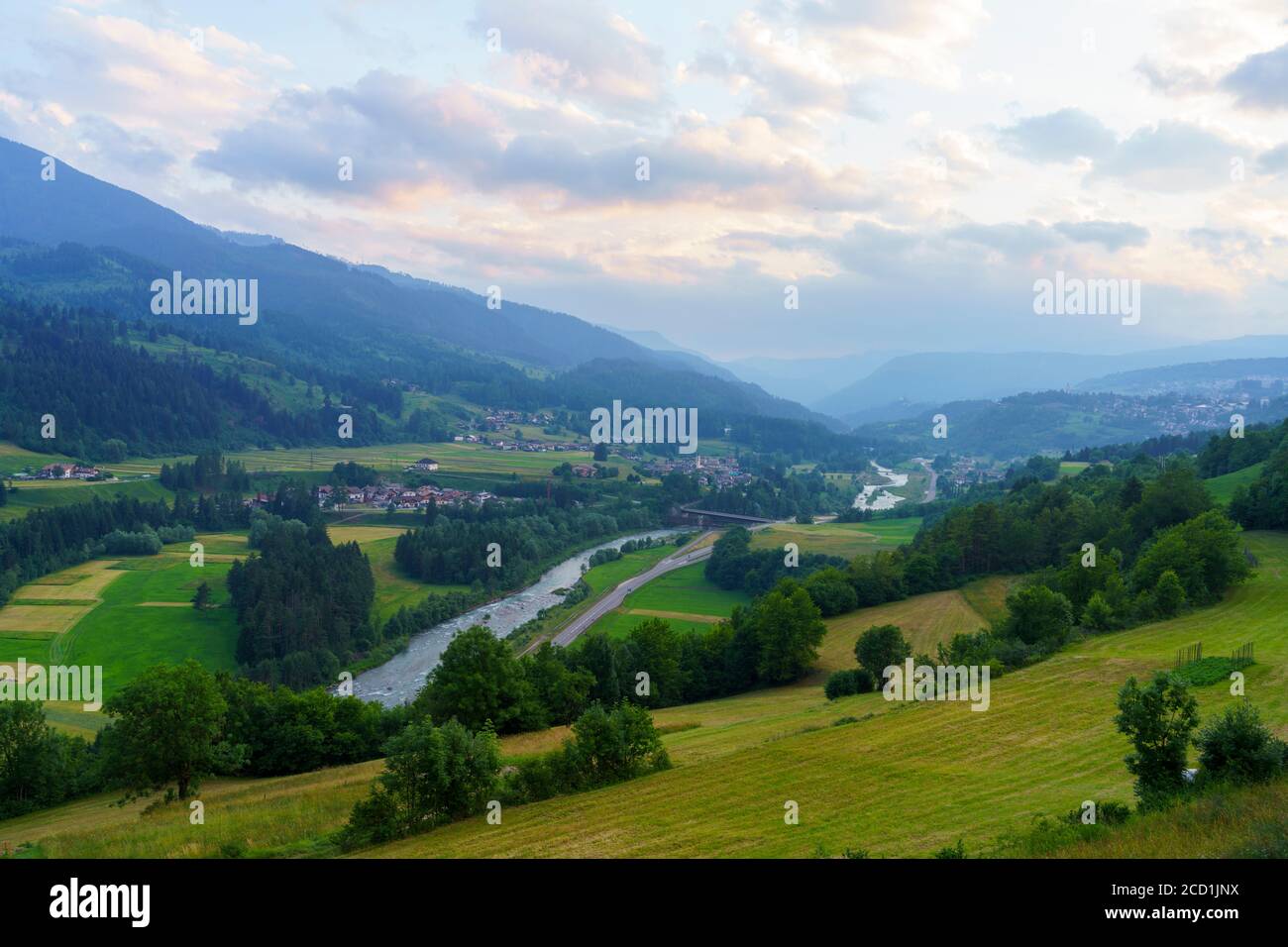 Mountain landscape at Tesero in the Fiemme valley, Dolomites, Trentino Alto Adige, Italy, at summer Stock Photo
