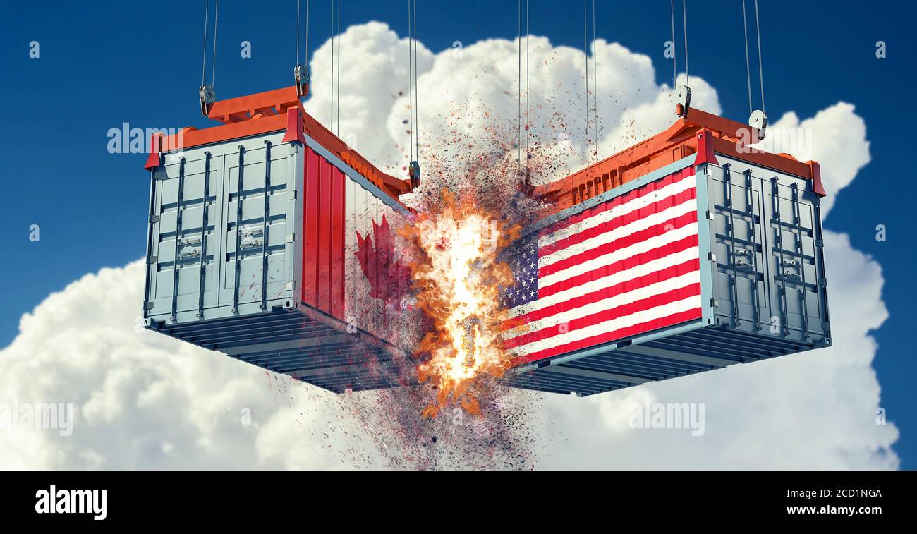 Trade War. Two freight containers with USA and Canada national flag crashing into eachother. 3D Rendering Stock Photo