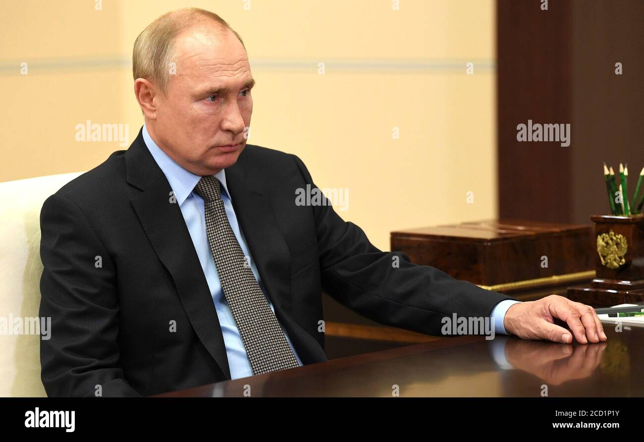 Moscow, Russia. 25th Aug, 2020. Russian President Vladimir Putin during a one on one meeting with Federal Bailiff Service Director, Dmitry Aristov at the Kremlin August 25, 2020 in Moscow, Russia. Credit: Aleksey Nikolskyi/Kremlin Pool/Alamy Live News Stock Photo