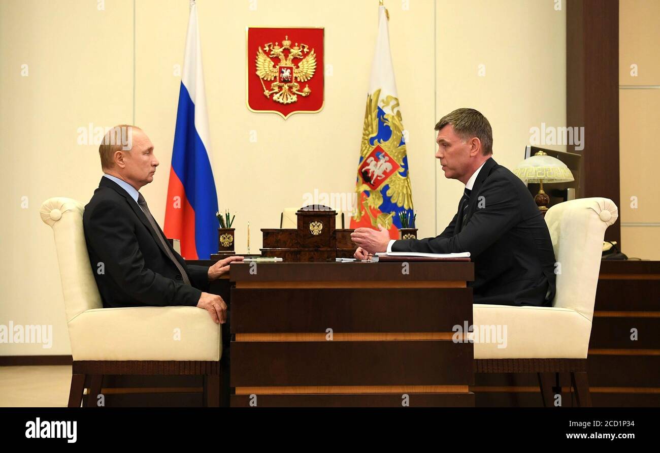 Moscow, Russia. 25th Aug, 2020. Russian President Vladimir Putin, left, during a one on one meeting with Federal Bailiff Service Director, Dmitry Aristov at the Kremlin August 25, 2020 in Moscow, Russia. Credit: Aleksey Nikolskyi/Kremlin Pool/Alamy Live News Stock Photo