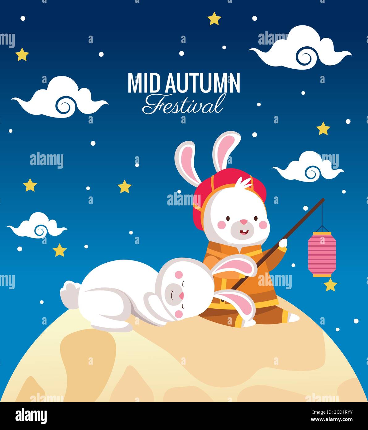 mid autumn celebration card with rabbits couple in fullmoon vector ...