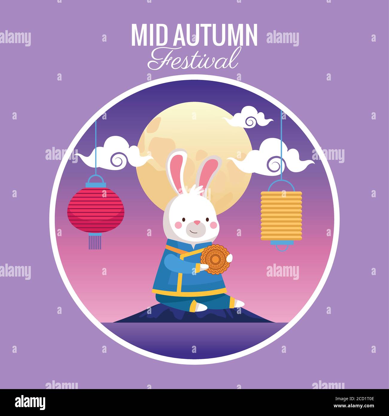 mid autumn card with rabbit and fullmoon scene vector illustration ...