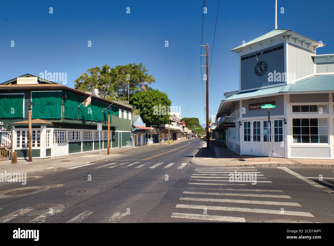 Eerie deserted Shopping district in Lanaina during Covid 19 pandemic. Stock Photo