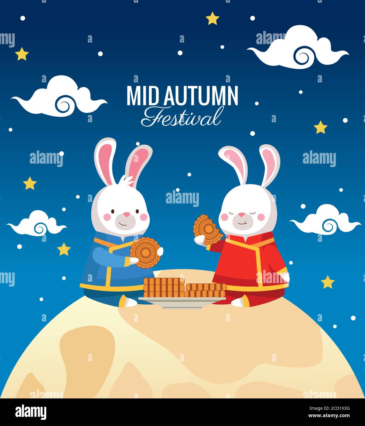 mid autumn card with rabbits couple in fullmoon scene vector ...