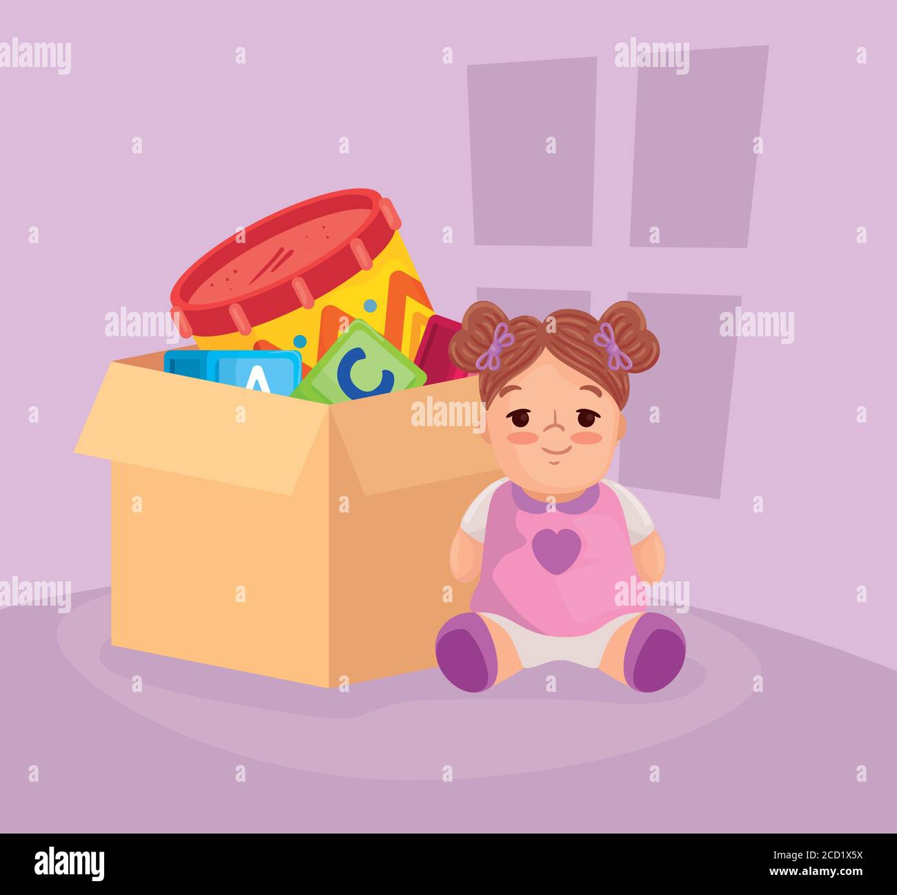 kids toys, cute doll and toys in box carton Stock Vector