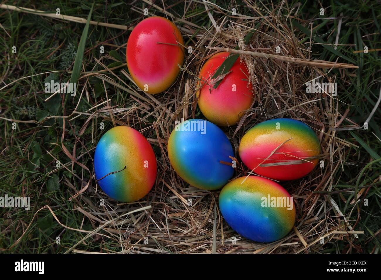 Closeup shot of Easter traditions. Compositions with painted Easter eggs. Stock Photo
