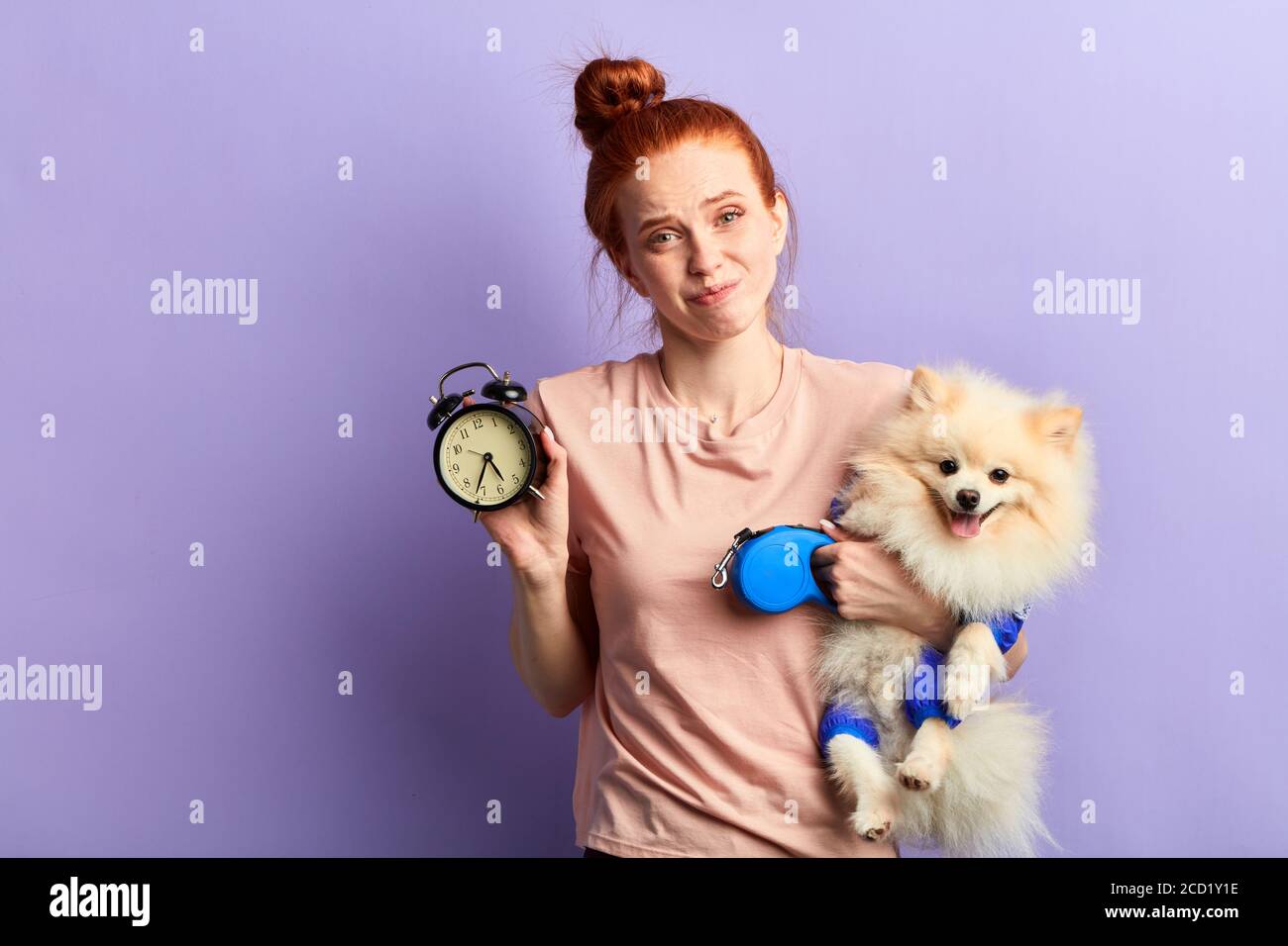 depressed puzzled angry frustrated girl cannot control the daily routine of her pet. close up portrait, isolated blue background, studio shot. Stock Photo