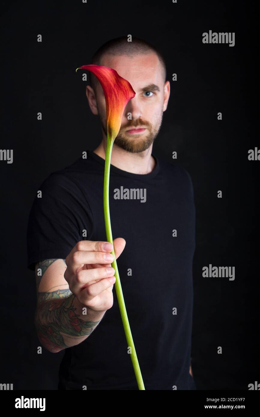 Portrait of young man holding single red calla flower on black background, greeting card or concept Stock Photo