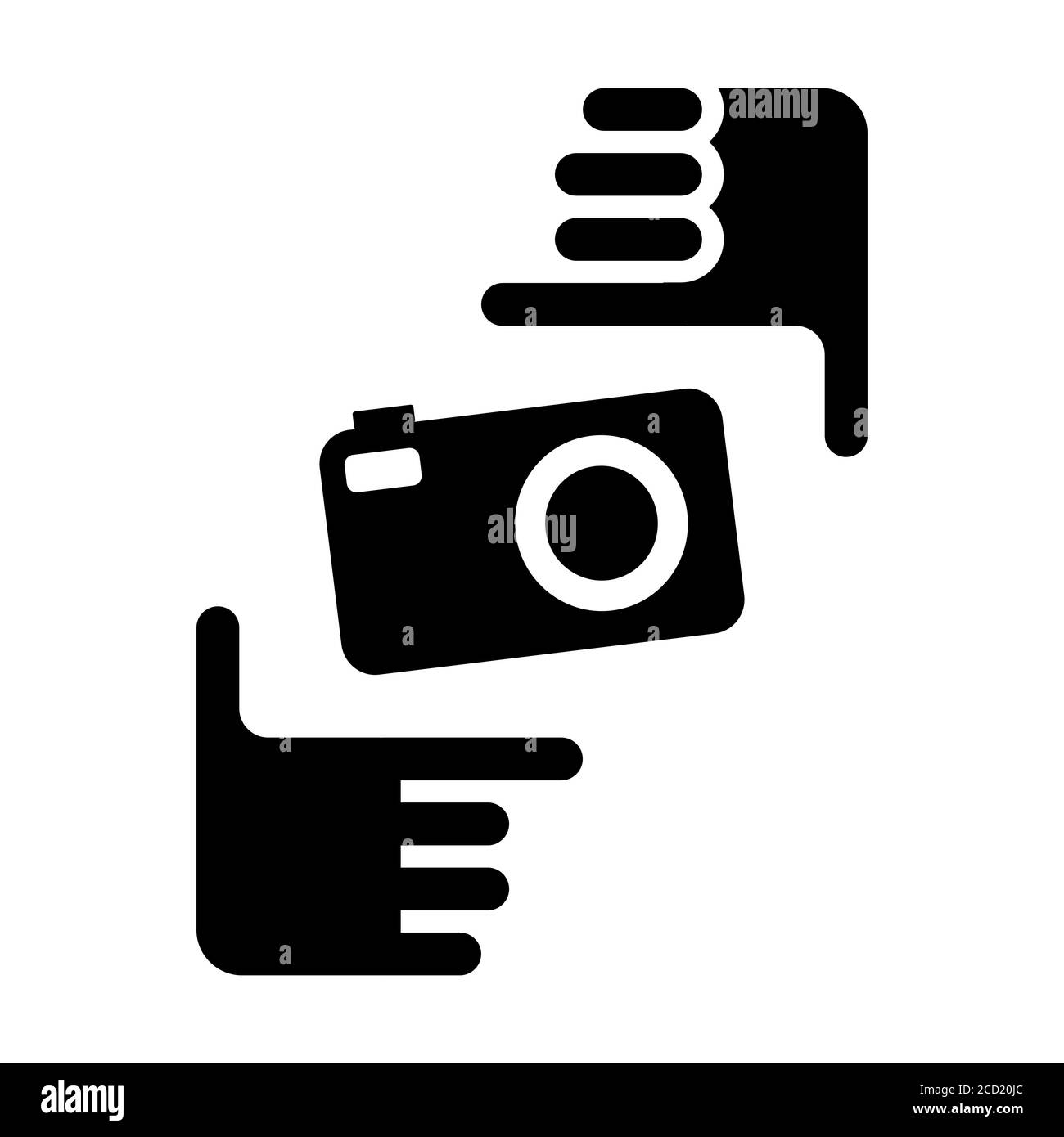 Two hands form a picture frame with camera icon. Photo sign black symbol on white background. Stock Vector