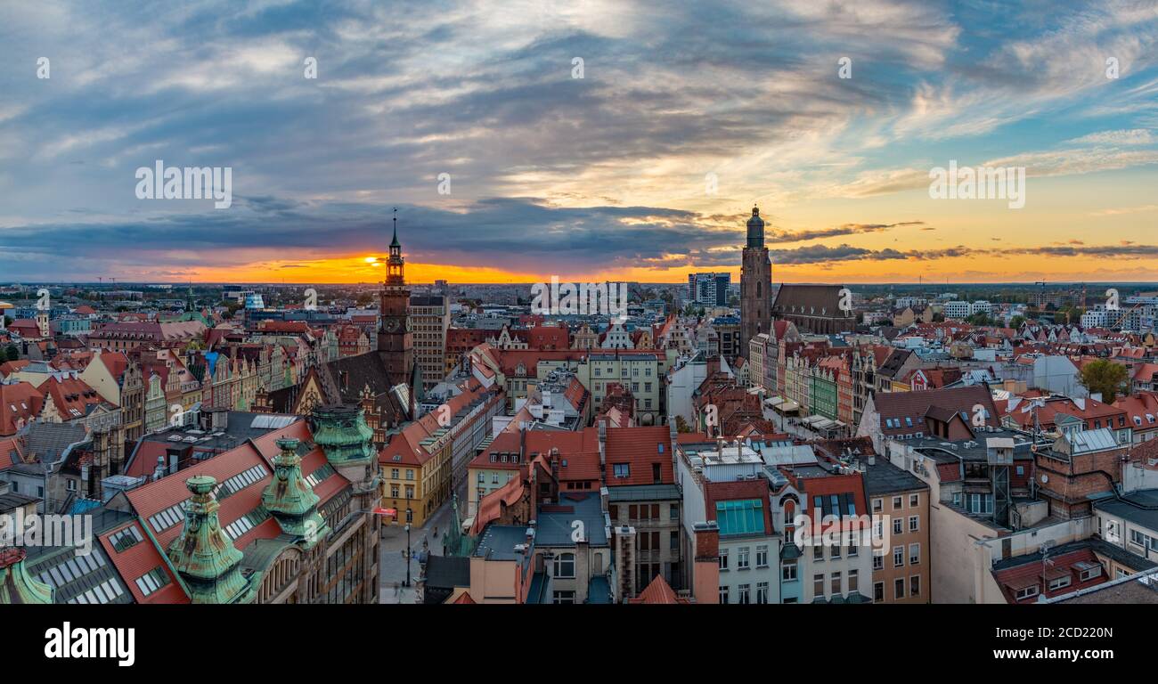 A panoramic view of Wroclaw at sunset. Stock Photo