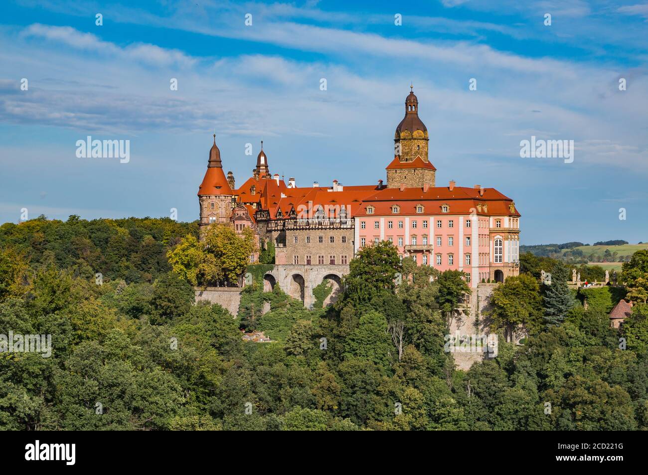 A picture of the Książ Castle as seen from a nearby observation point. Stock Photo