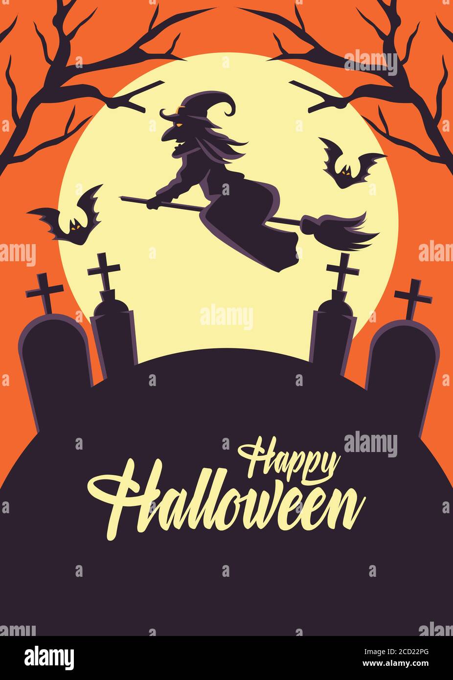 happy halloween card with witch flying in broom over cemetery vector ...
