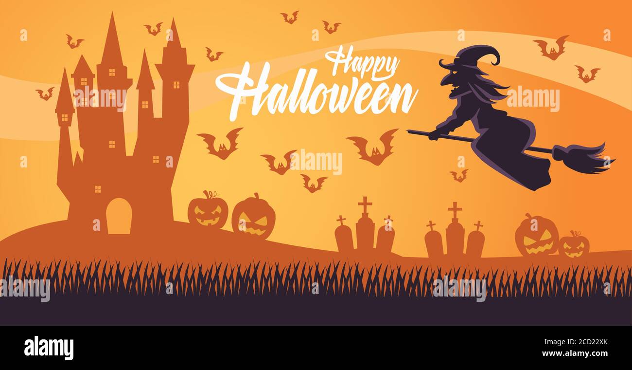 happy halloween card with witch flying in broom and cemetery vector ...