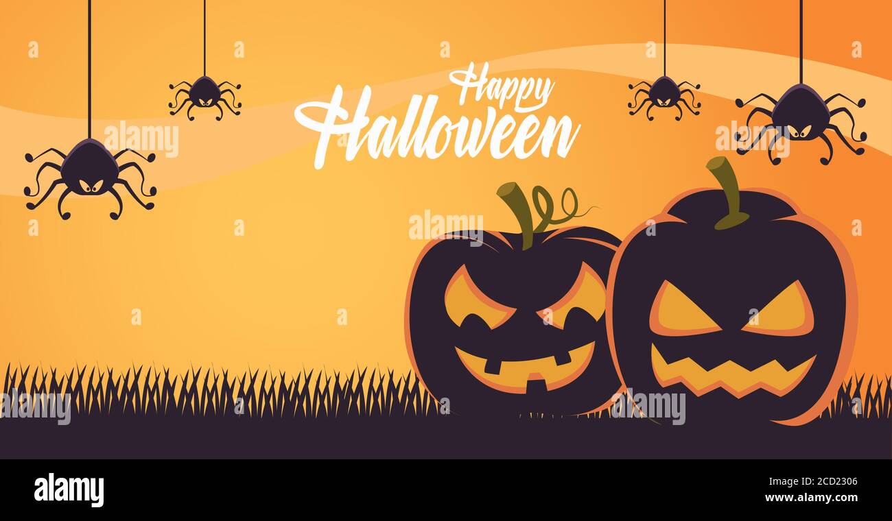 happy halloween card with pumpkins and spiders scene vector ...