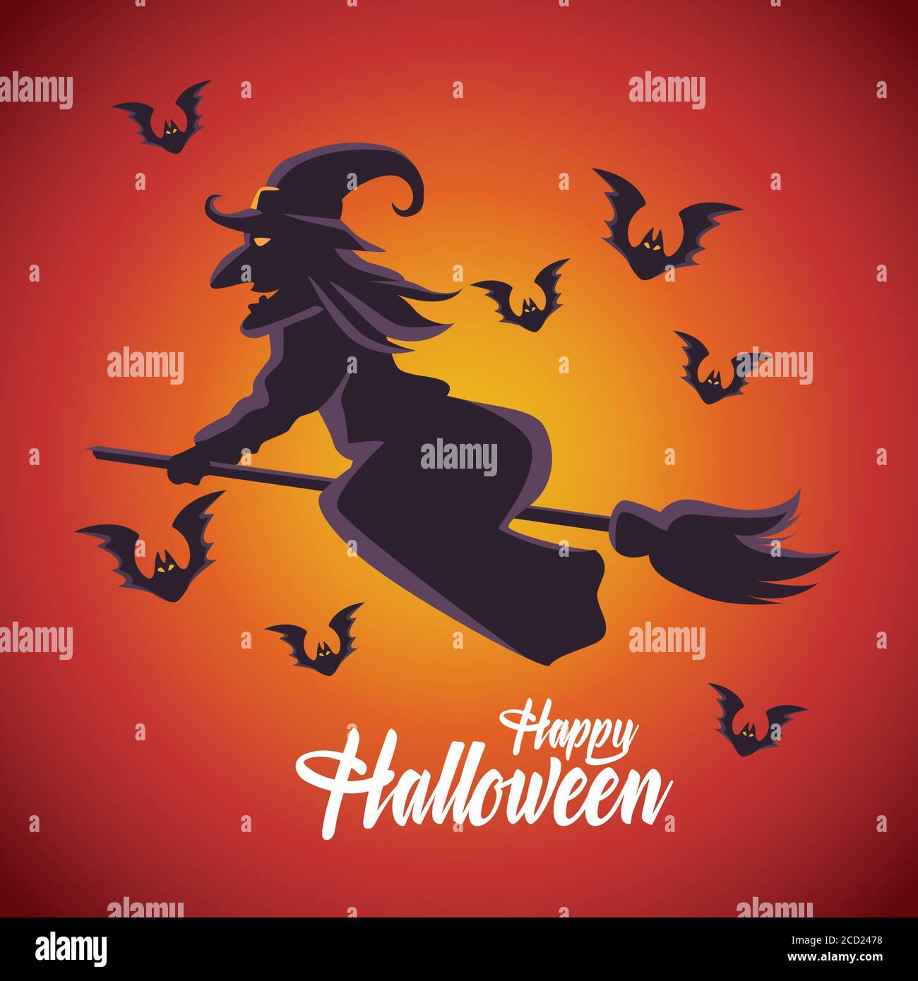 happy halloween card with witch flying in broom and bats vector ...