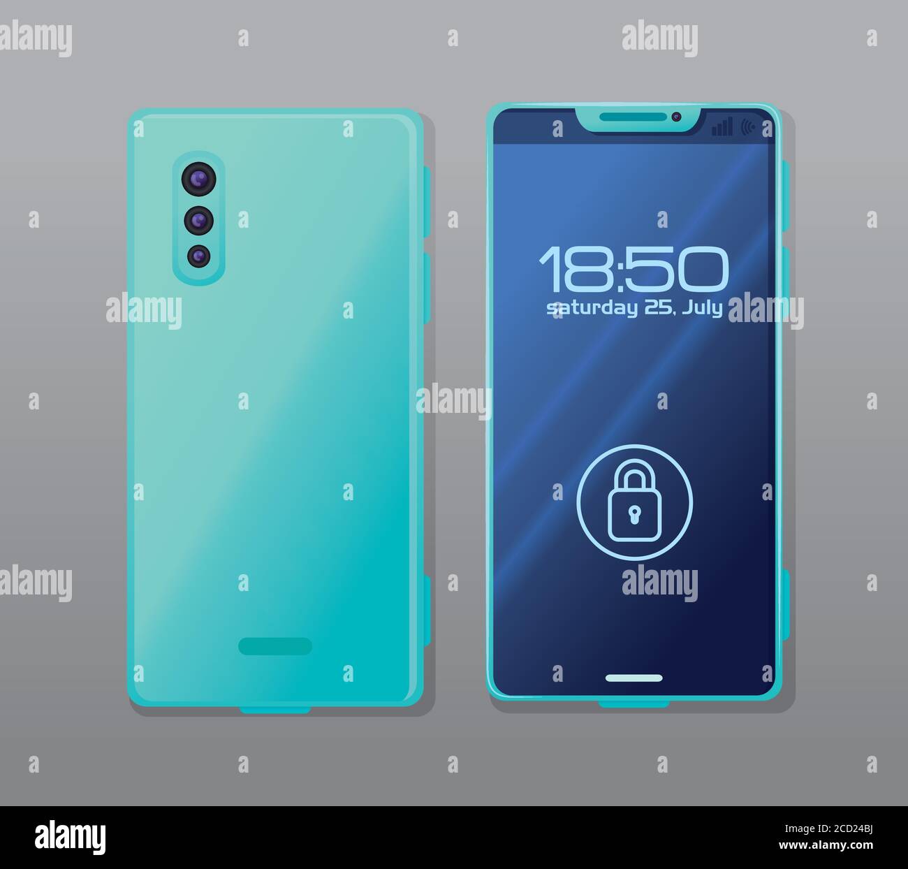 front and side view, realistic smartphone mockup with padlock security ...