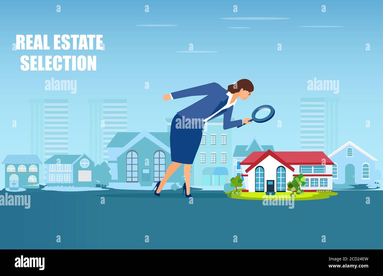 Vector of a real estate agent looking for a good real estate deal, best house for money Stock Vector