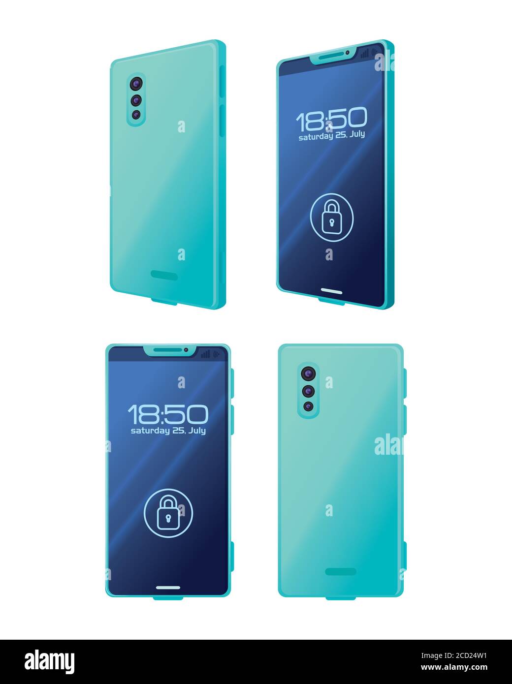 set of realistic smartphones mockup with padlock safety in screen Stock ...