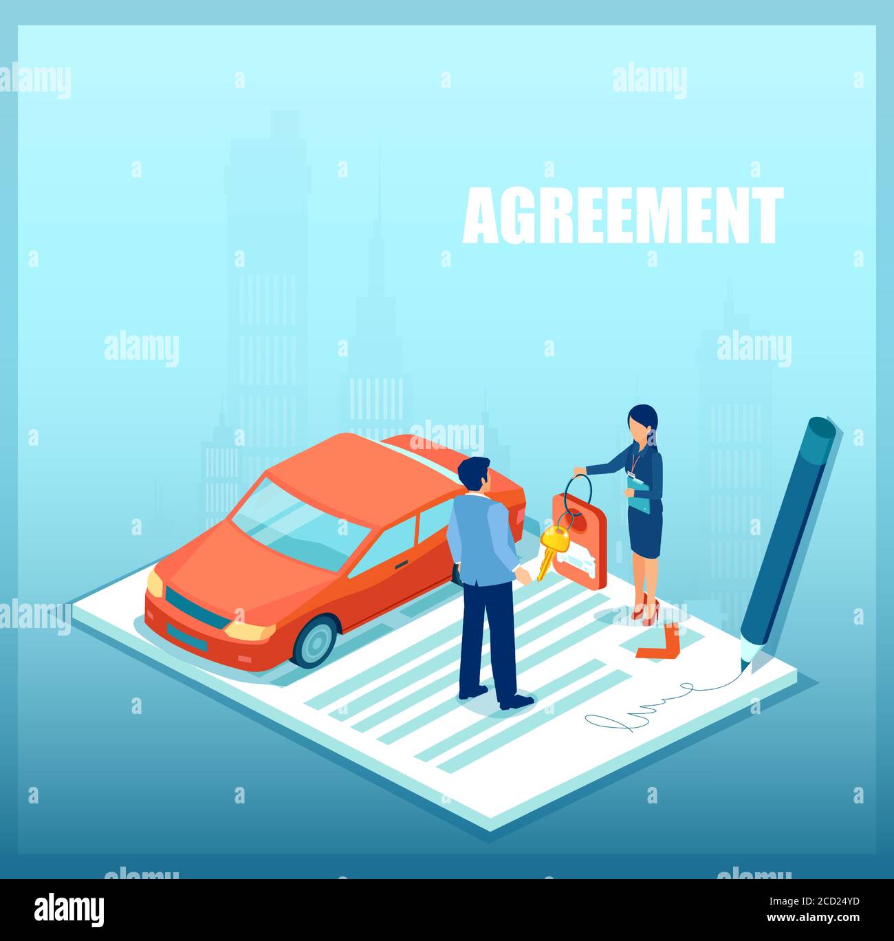 Vector of a sales woman handling car keys to a customer after loan approval Stock Vector