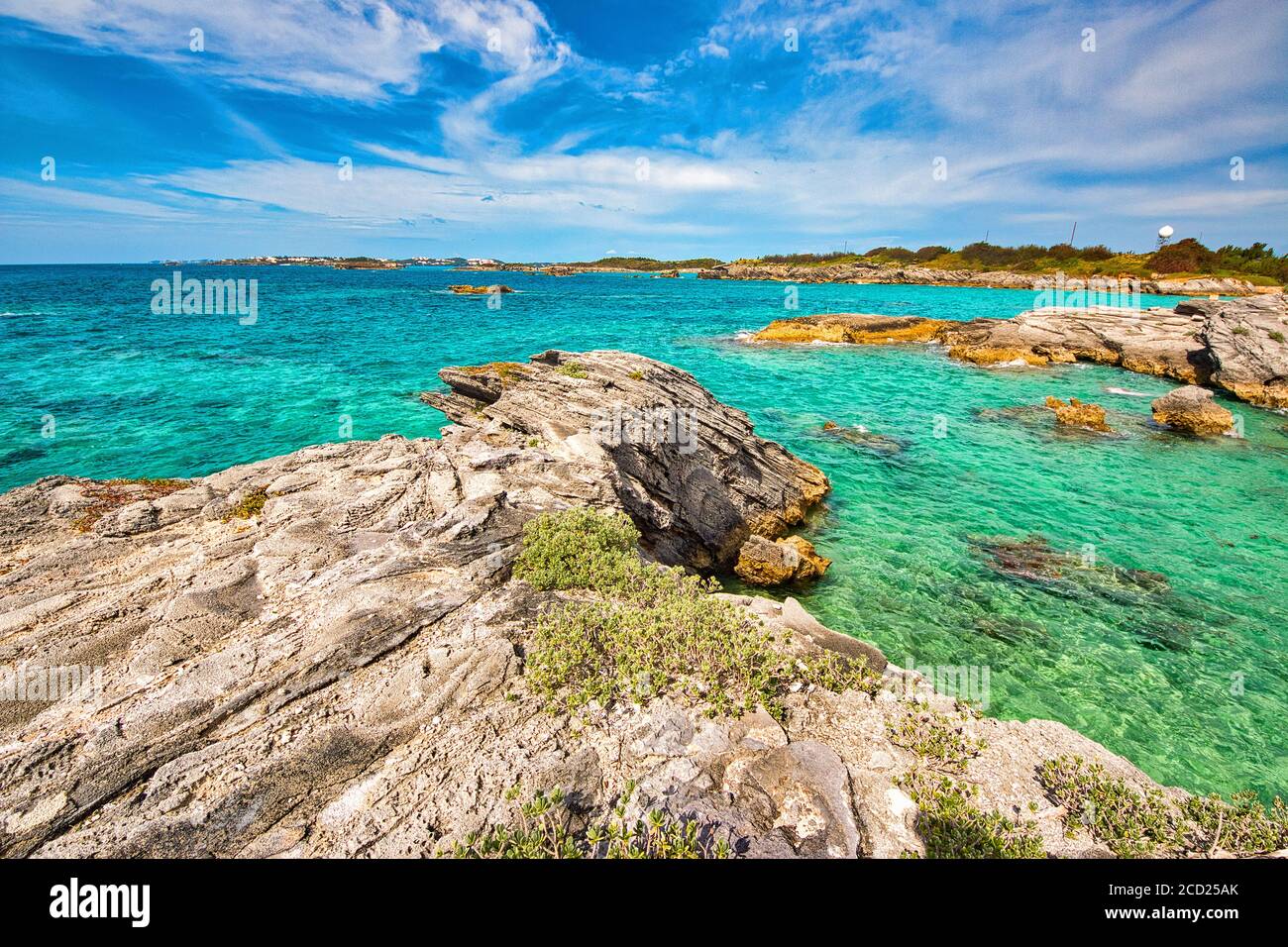 Beautiful coral reef outcrops along the coastline of Bermuda. Stock Photo