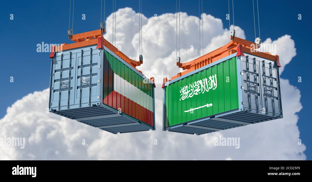 Freight containers with Kuwait and Saudi Arabia flag. 3D Rendering