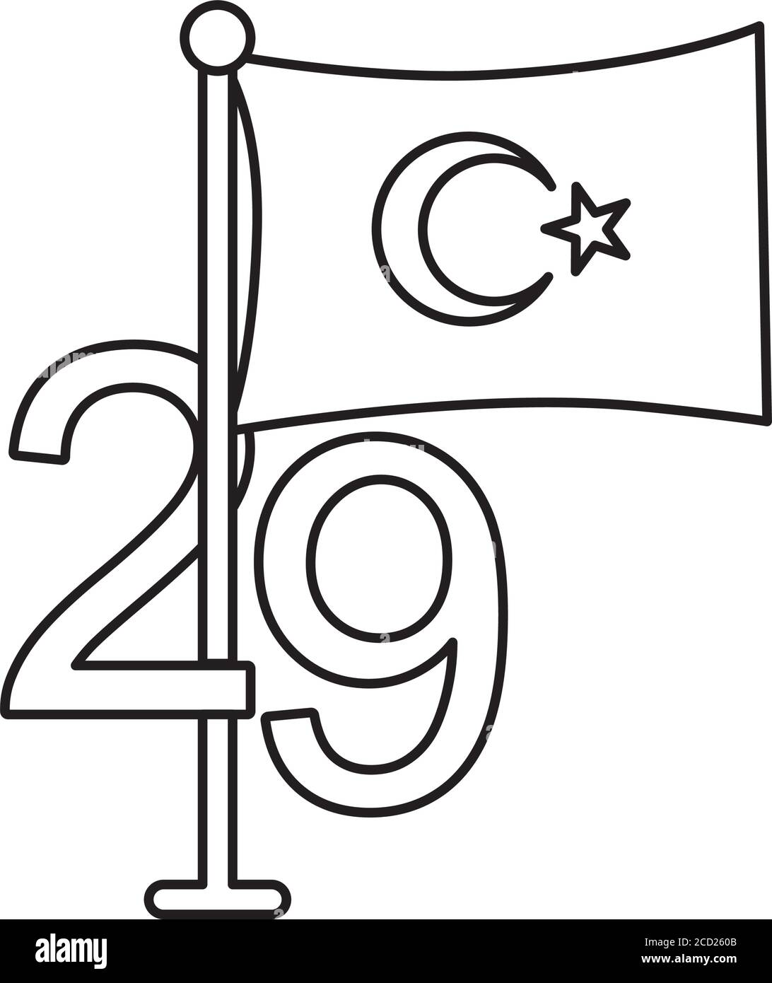 turkey republic independence date and turkey flag over white background