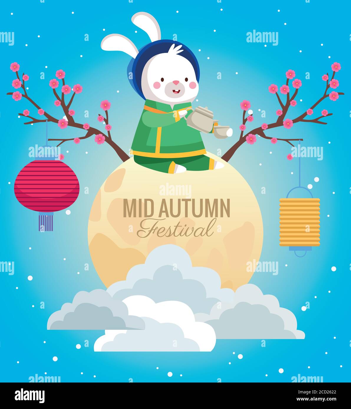 mid autumn celebration card with rabbit in full moon vector ...