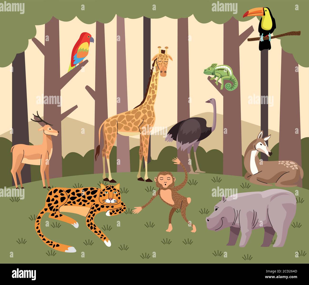 wild animals group in the forest scene vector illustration design Stock ...