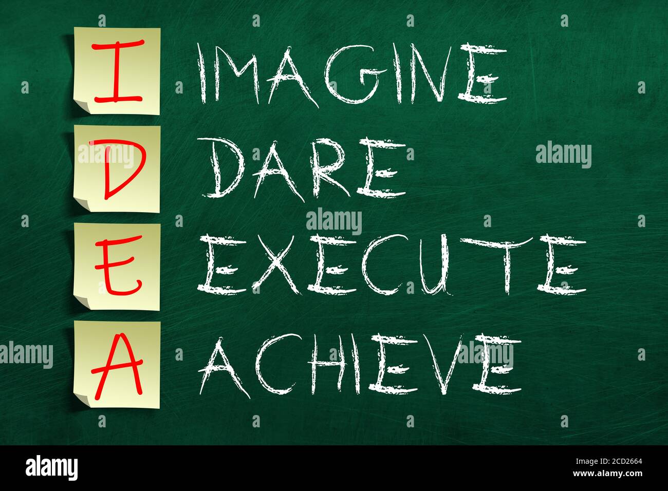 3D rendering of motivating and inspiring acronym for IDEA stick notes on chalkboard consisting of Imagine, Dare, Execute, Achieve. Stock Photo