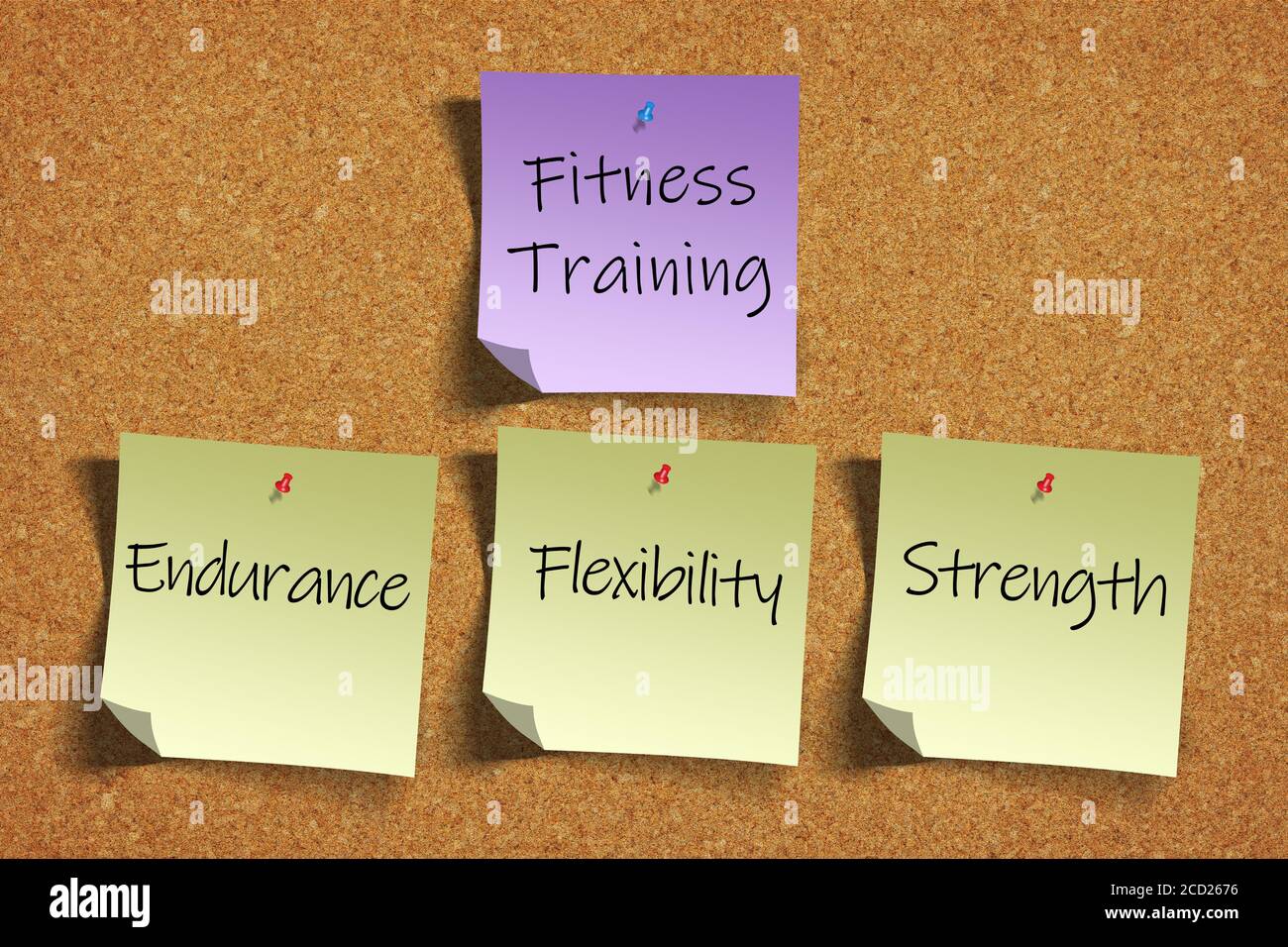 3D rendering of Fitness Training goals or concepts of Endurance, Flexibility, Strength on color sticky notes pinned to cork bulletin board. Stock Photo
