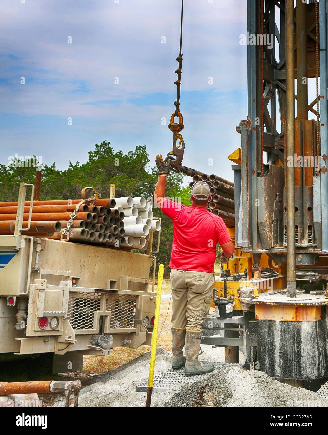 July 2, 2020. Burnet County, Texas. Drilling a water well on country land. Modern rotary drill rigs bore water well. Stock Photo