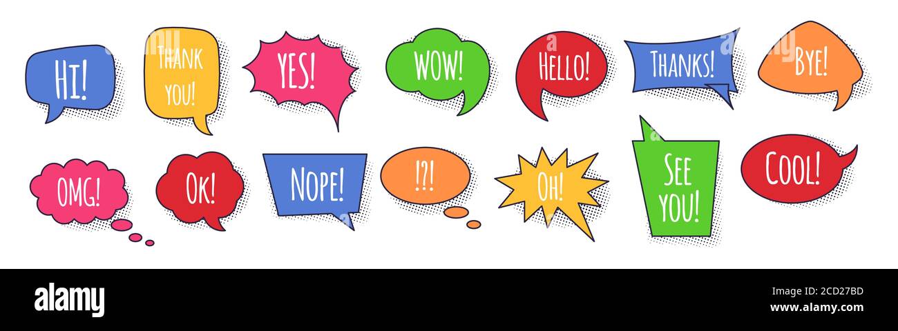 Speech bubbles with phrases and dotted shadows vector illustration ...
