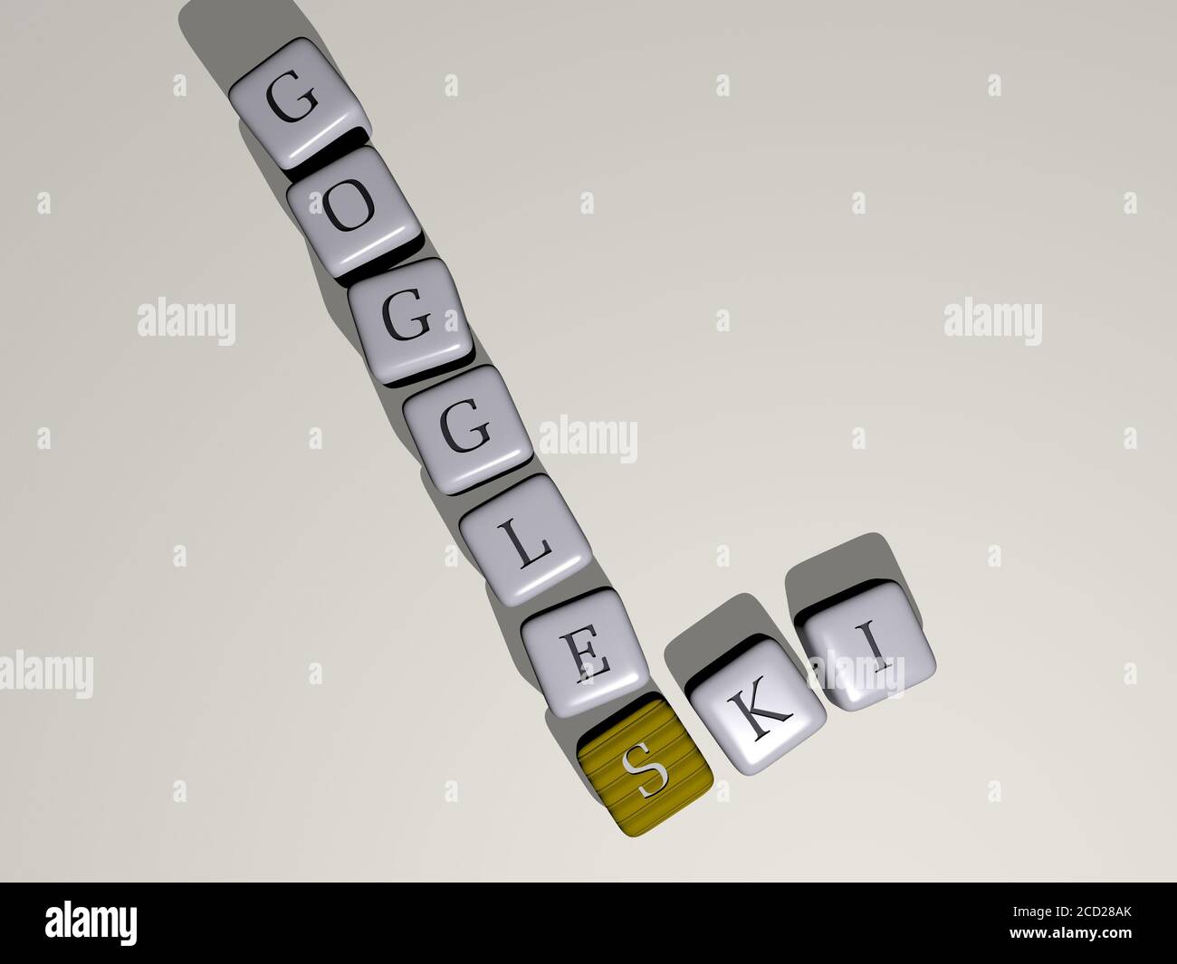 ski goggles crossword by cubic dice letters, 3D illustration Stock