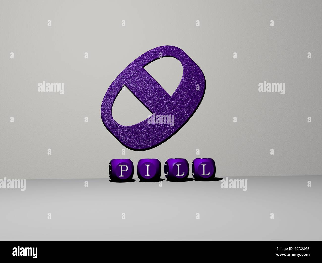 3D graphical image of PILL vertically along with text built by metallic cubic letters from the top perspective, excellent for the concept presentation and slideshows, 3D illustration Stock Photo
