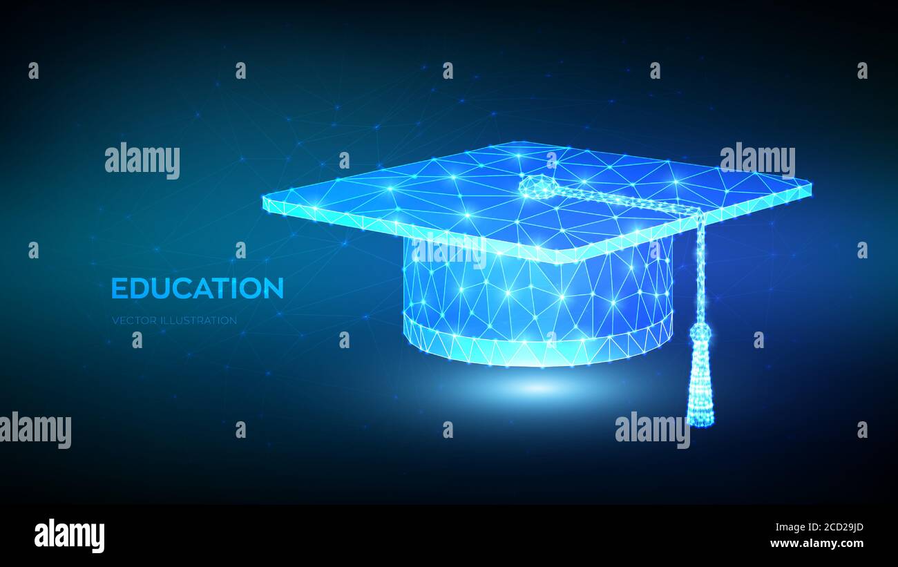 Abstract Low Polygonal Graduation cap. Student hat. Elearning concept