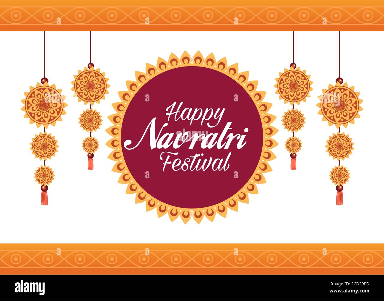 happy navratri celebration card lettering with decorations hanging vector illustration design Stock Vector